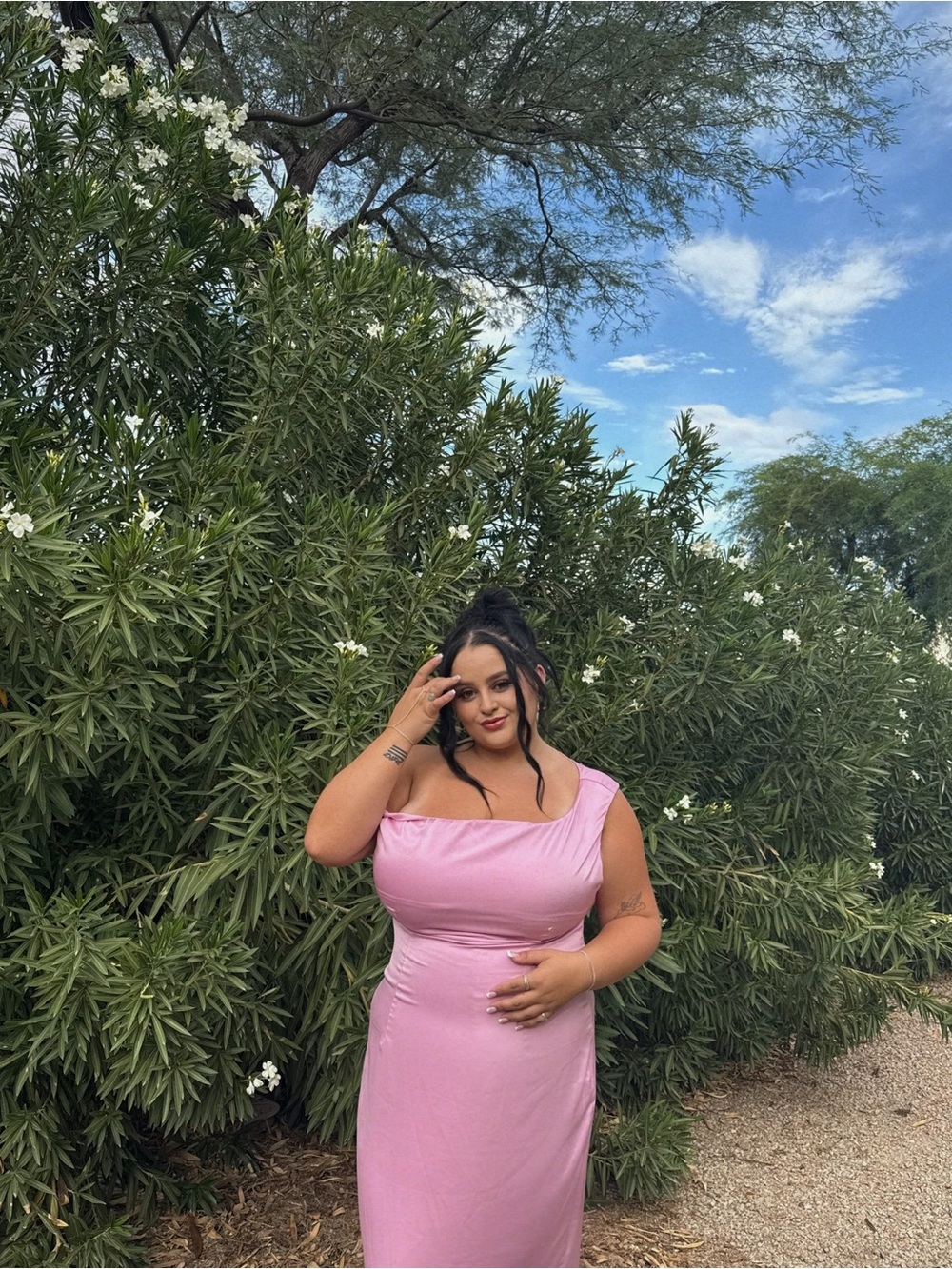 Off-Shoulder Pink Satin Dress - Picture 2 of 3
